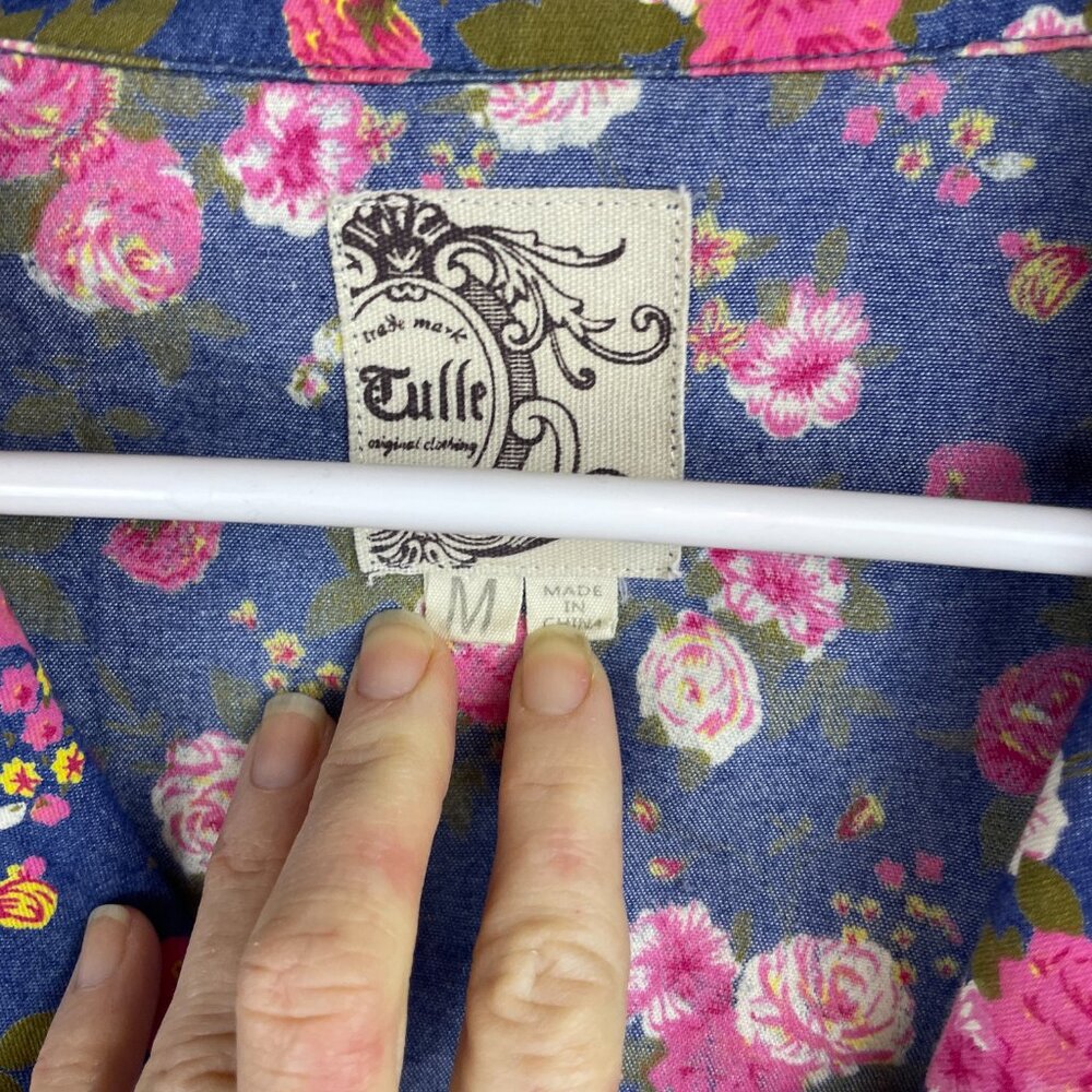 Tulle 100% Cotton Blue Floral Single Button Lightweight hourglass Blazer M - Picture 3 of 4